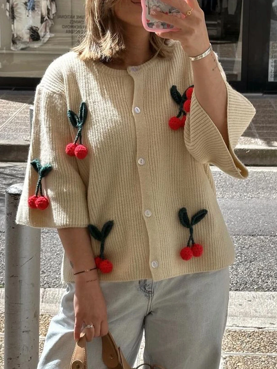 Women s Summer Knit Tops Half Sleeve O Neck Button Up Cherry Embroidery Knitwear for Party