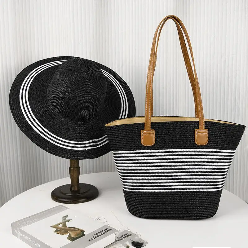 2024 New 2Pcs Set Women's Shoulder Bag with Hat Fashion Large Capacity Handbag Summer Straw Beach Bag Outdoor Sunscreen Hat