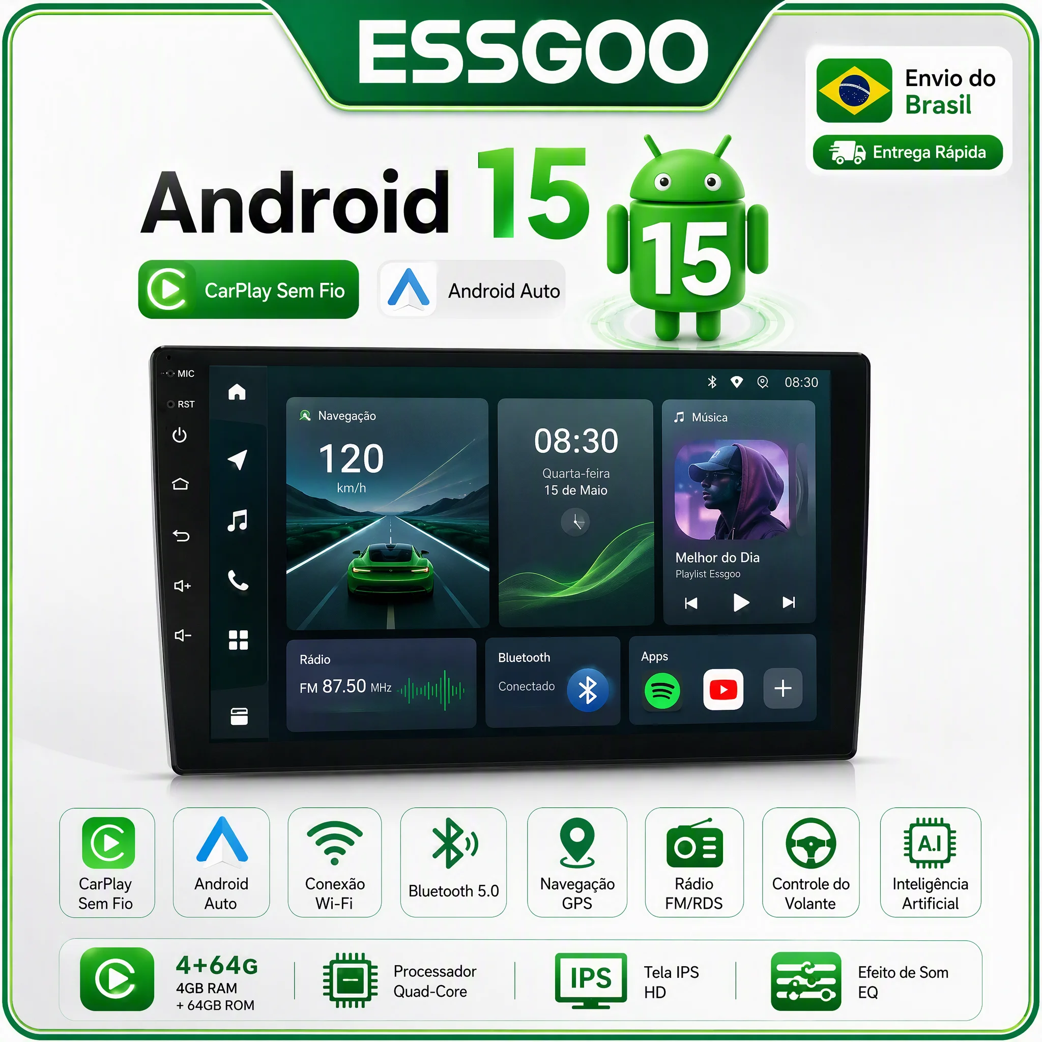 ESSGOO Rádio Automotivo 9" CarPlay Android GPS WiFi