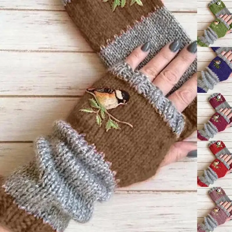 39BC Women Bird Embroidery Half Finger Gloves Autumn Winter Stretchy Knit Fingerless Typing Driving Mittens Short Hand Warmer