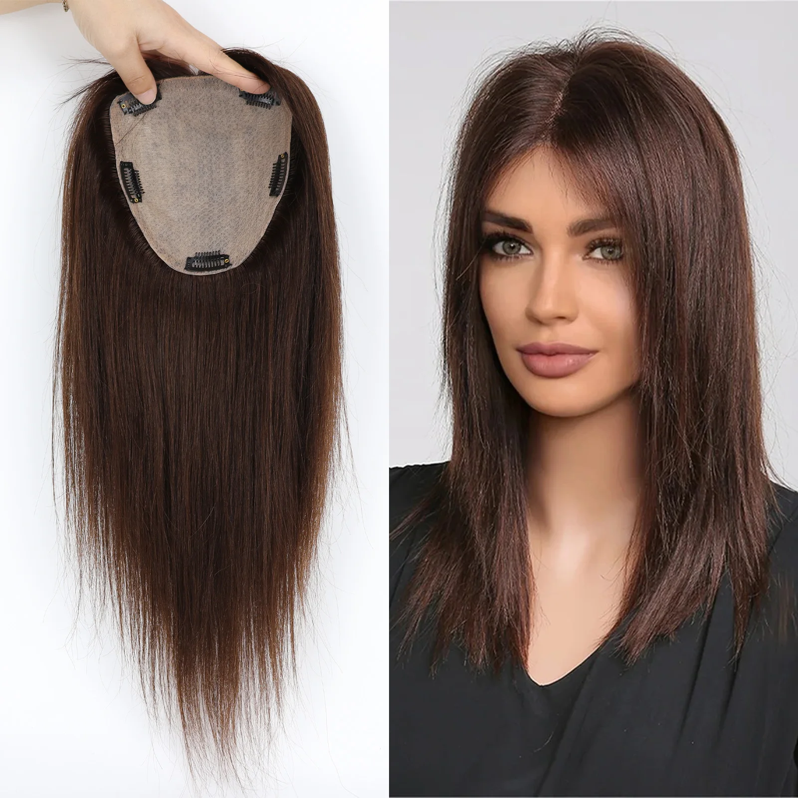 

Настоящие человеческие волосы Топпер Девственные европейские волосы Шелковая кожа Базовые волосы Прямые средние коричневые волосы # 4 ПУ вокруг зажимов для женщин