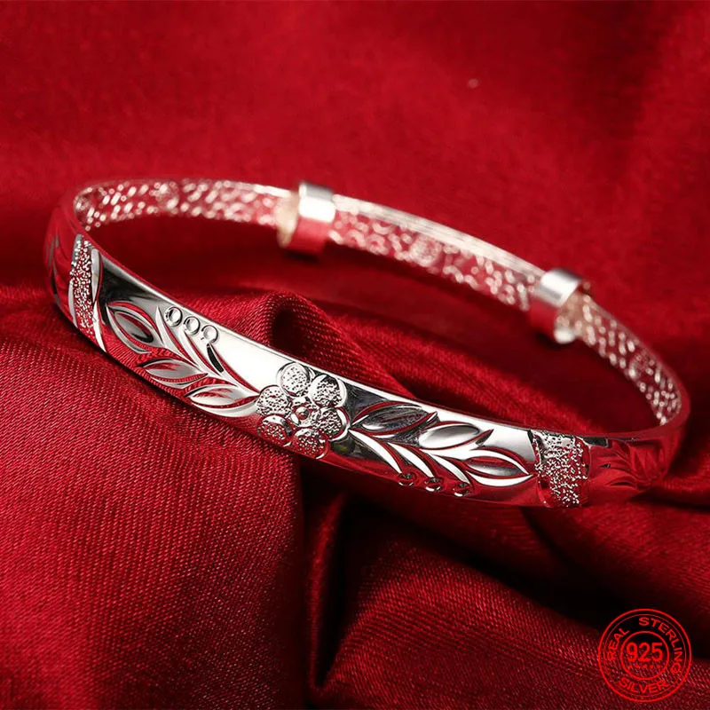 

925 Sterling Silver The Pattern Carved Cuff Bracelet&Bangle For Women Anniversary Jewelry Party Gift