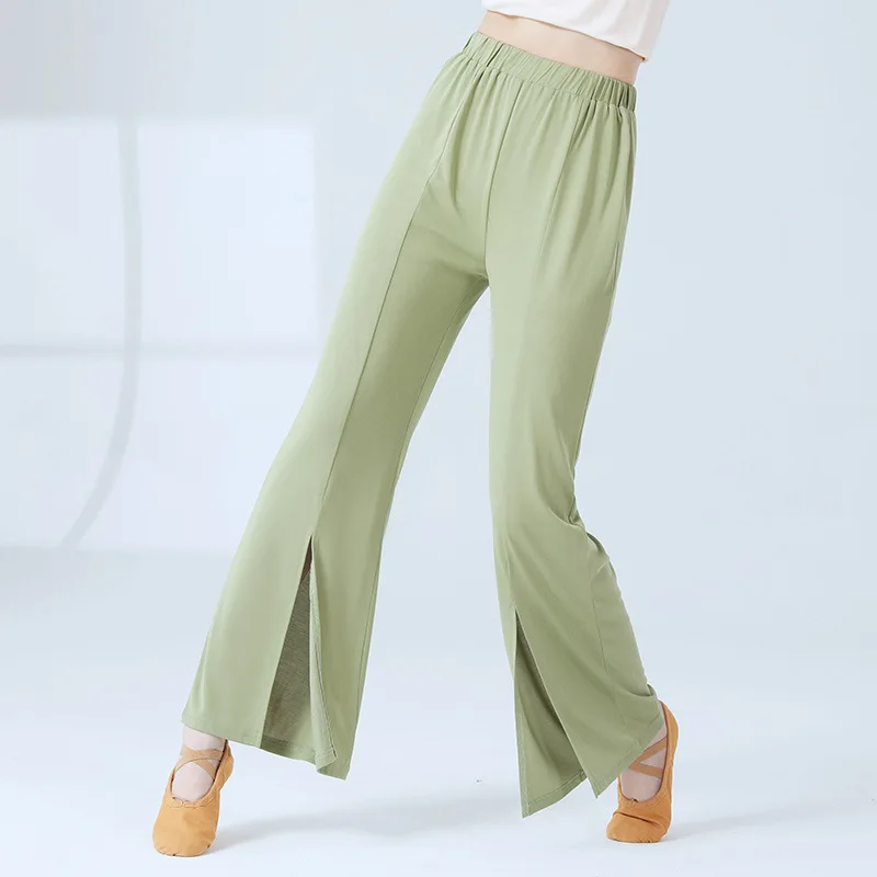 Wholesale Adult Dance Pants A Line Straight Copper Ammonia Silk Trousers Front Split Sexy Stage Clothes Women Classical Dancing