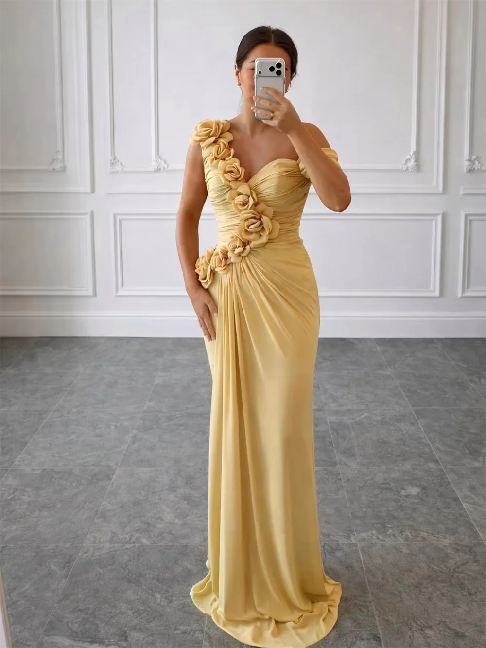Customized 3D Flowers One Shoulder Mermaid Evening Dress Gold Mint Green Prom Gowns Sheath Pleats Wedding Party Mother Gowns