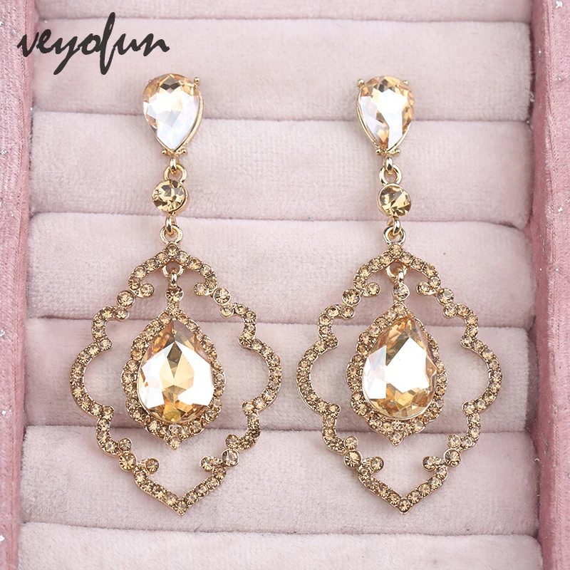 Veyofun Ethnic Hollow Crystal Rhinestone Drop Earrings Classic Bridal Earrings for Women Fashion Jewelry New