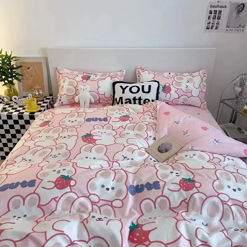 Cute Strawberry Duvet Cover Flat Sheet with Pillowcases Floral Twin Full Size Bear Rabbit Bed Linen Boys Girls Bedding Set