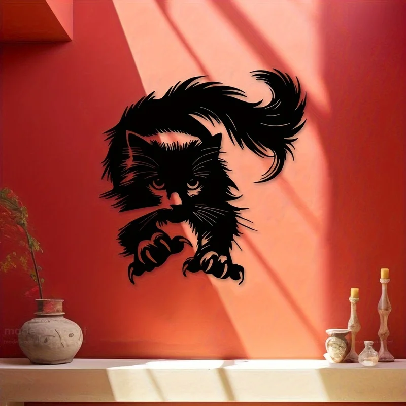 1Artistic folk-style jumping cat metal wall decoration，Wrought iron wall art，Elegant contour decoration 1pc