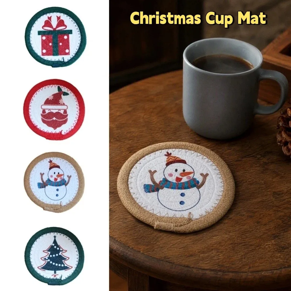 Snowman Trivet Christmas Cup Mat Woven Cotton Rope Heat Resistant Christmas Coaster Handmade Round Pot Table Mat Home Decor
