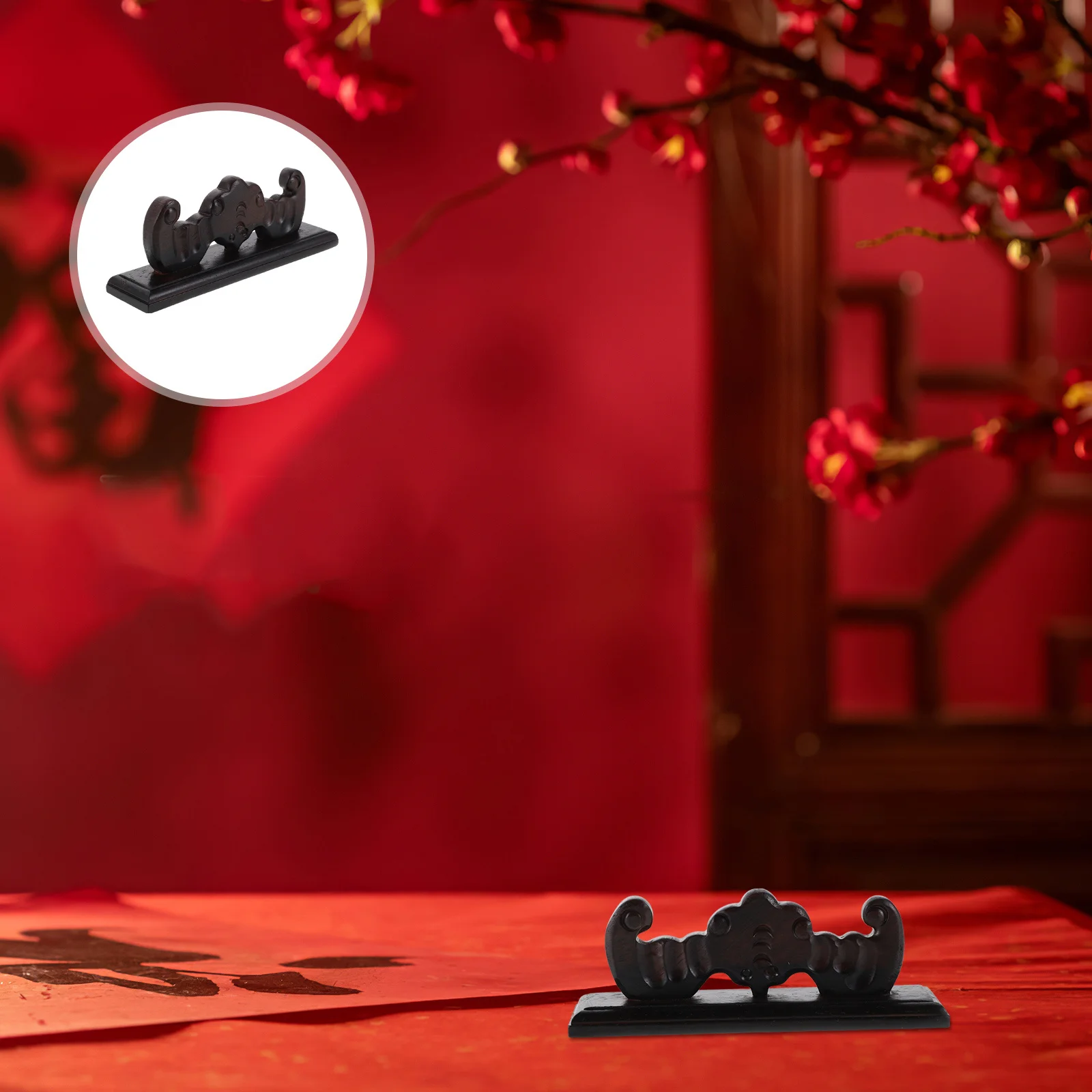 

Bamboo Flute Display Stand Wooden Desktop Holder for 2 Wind Instruments Elegant Carved Pattern Multi-Functional Rack