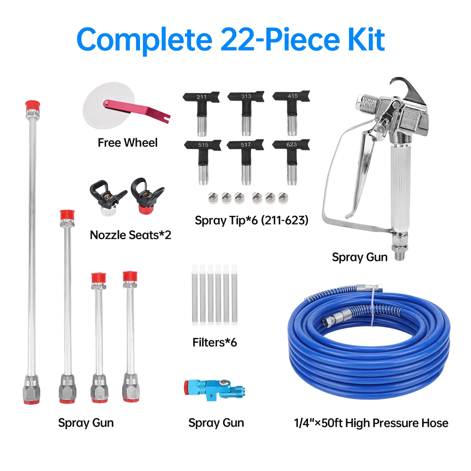 22 قطعة طقم بخاخ طلاء بدون هواء خرطوم 50 قدم 6 فوهات قابلة للعكس (211,313,415,515,517,623) 4 قضبان تمديد 6 أداة دليل المرشحات