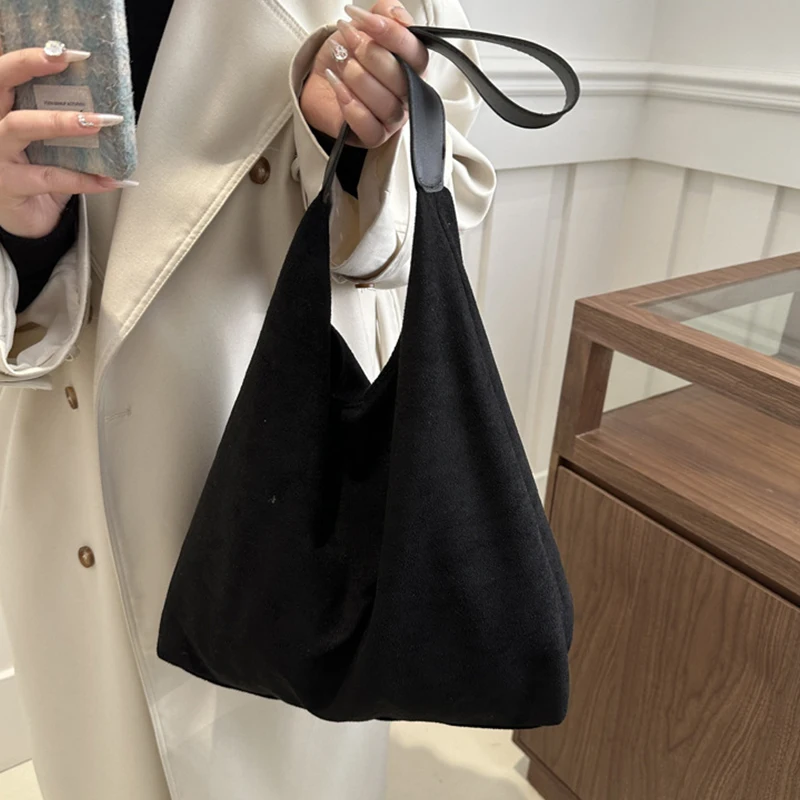 Vintage Damentasche, große Kapazität, Wildleder-Umhängetasche, einfarbig, schlichtes Design, lässige Pendler-Shopper-Tasche – Detail 10