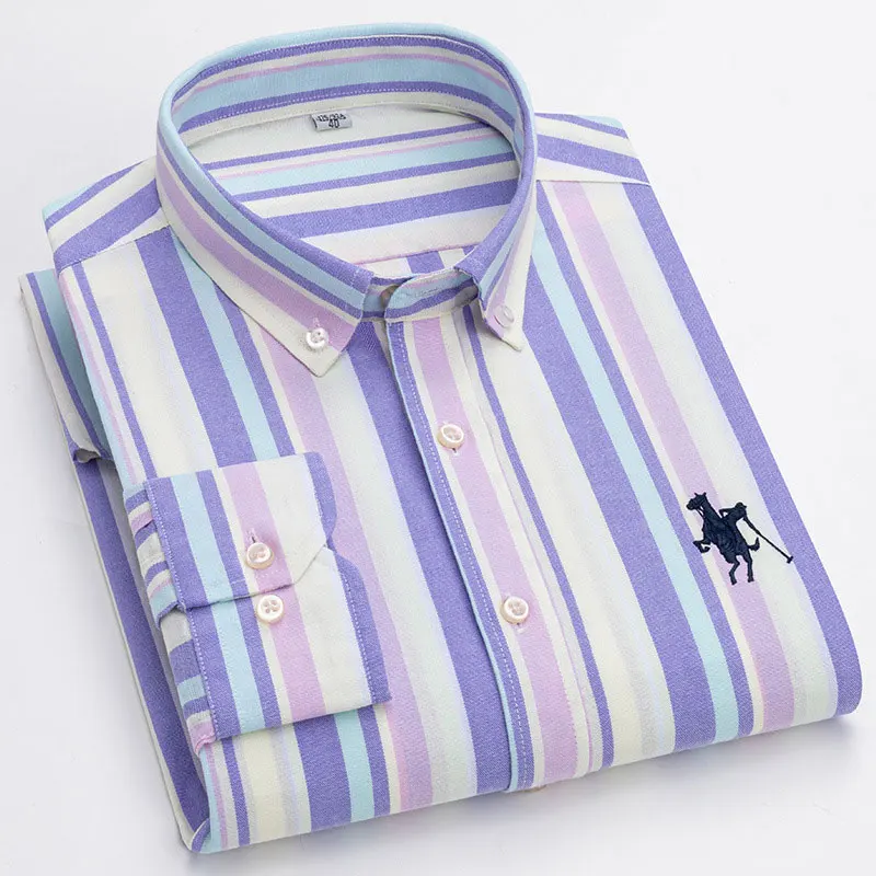 Quality 100% cotton Oxford Men's striped Long sleeve shirt Embroidered horse label Business Casual no-iron slim plus size 5XL