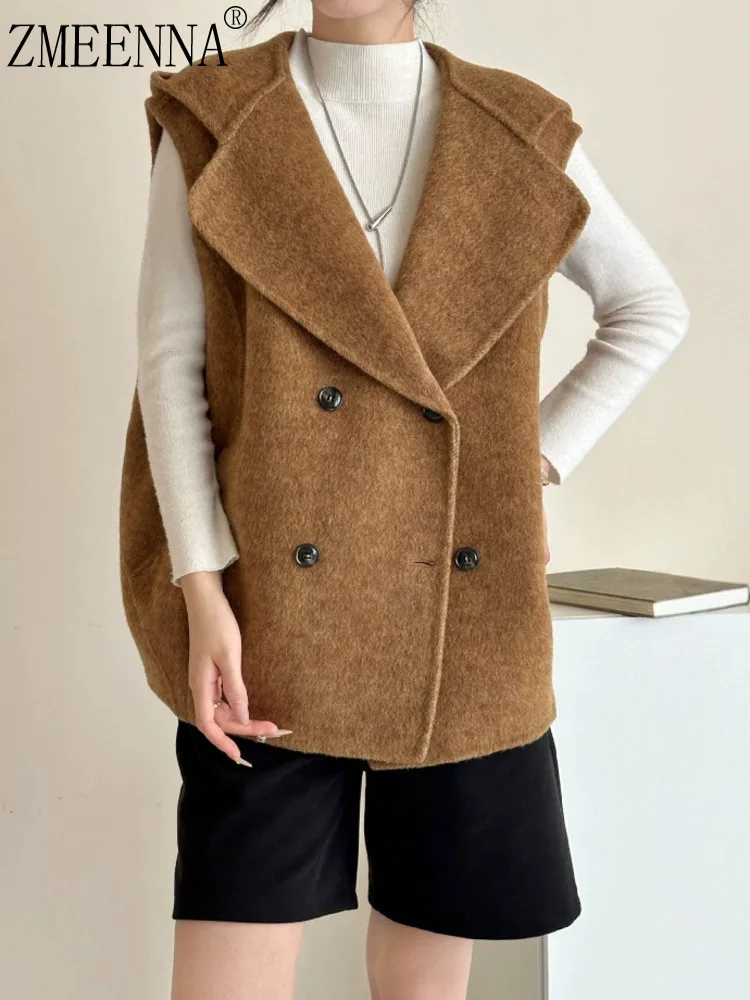 

ZMEENNA Womens Brown Wool Blend Vest Double Breasted Shawl Collar Sleeveless Jacket Warm Autumn Outerwear Stylish ZM3485