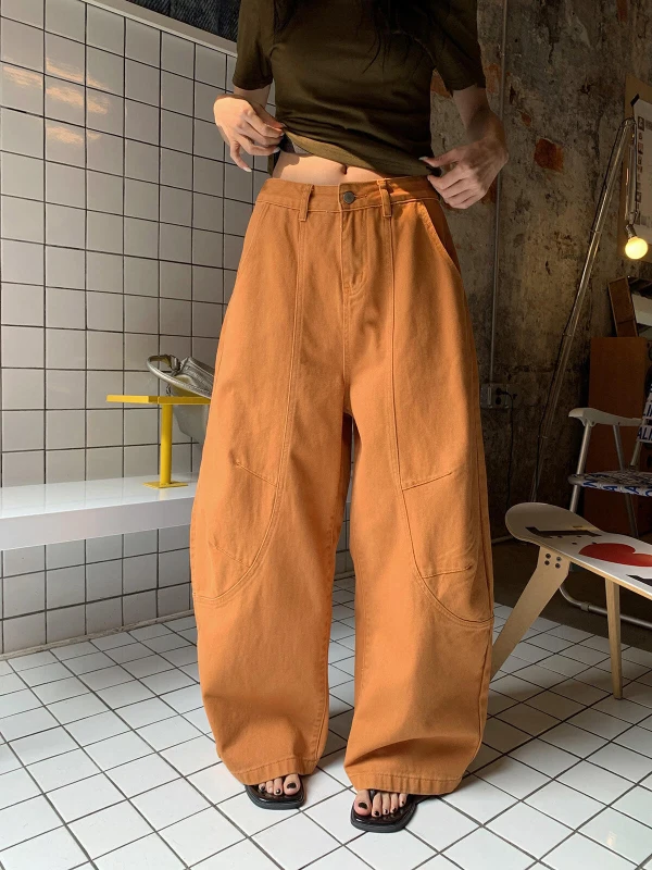 

American Style Retro Orange Knife Jeans Women's Spring Summer New Street Design Sensation Loose High Waist Wide Leg Pants