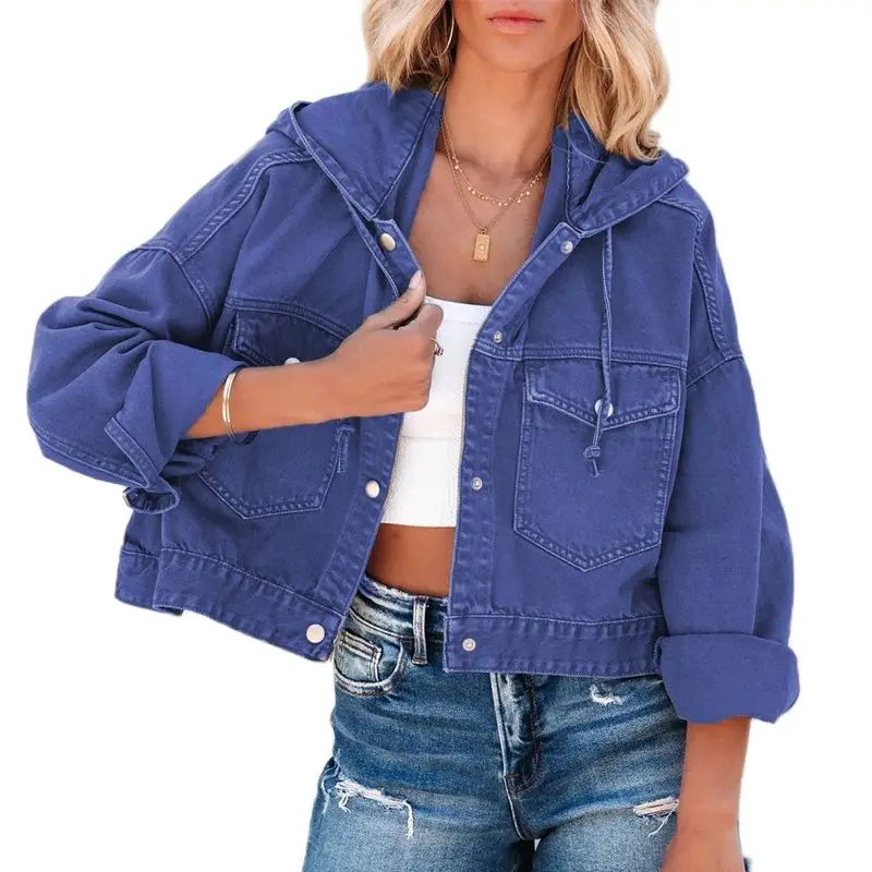 Fashion Spring Autumn 2023 Hooded Denim Jacket Women Short Vintage Jean Coats Casual Long Sleeve Top Female Streetwear Outerwear