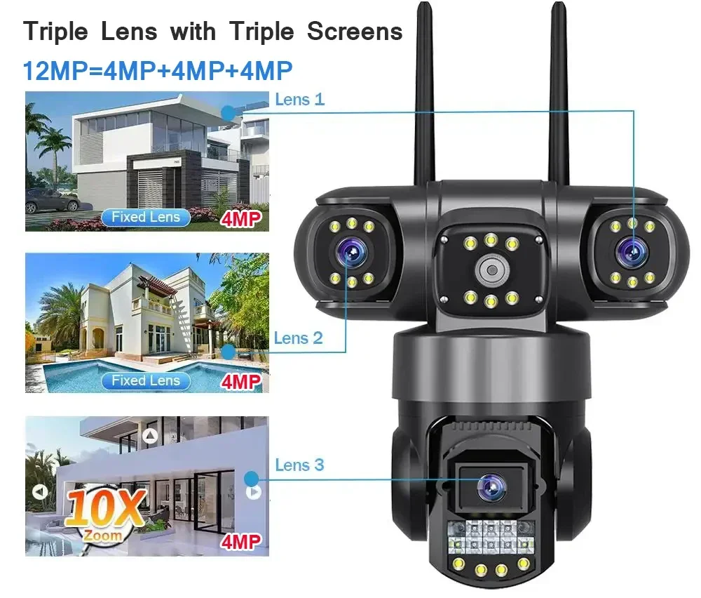 WiFi IP Camera 10X Zoom 3 Lens Three Screens Outdoor CCTV Video Surveillance Auto Tracking 12MP PTZ Home Security Camera