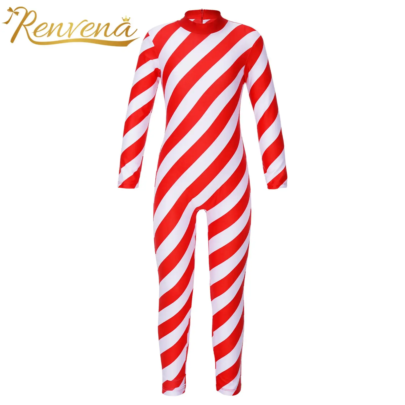 Kids Girls Santa Cosplay Candy Cane Costume Long Sleeve Bodysuit Christmas Jumpsuit for Xmas Party Holiday Performance Unitard