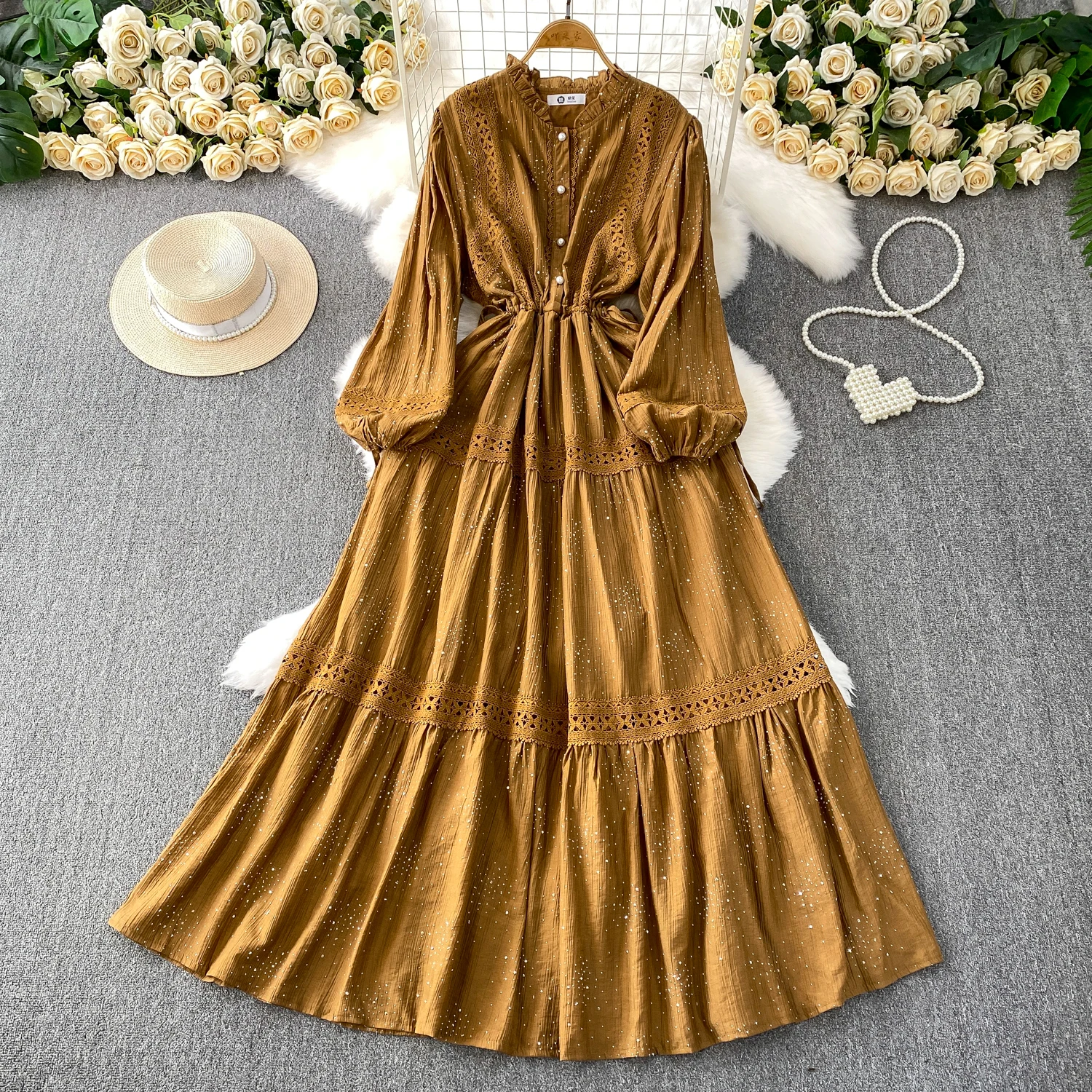 シックなヴィンテージシャーリングドローストリングレースエレガントな妖精韓国ファッションボヘミアンビーチ女性服ロングドレス