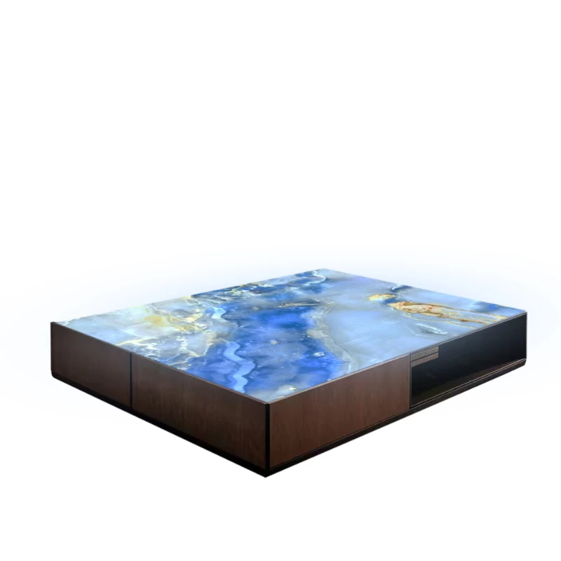 

Natural luxury stone luminous coffee table light luxury modern simple living room square stainless steel solid wood