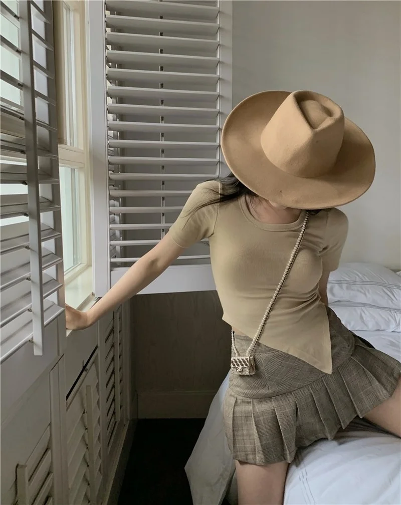 Women Simple Irregular Split Round Neck Short Sleeve T-shirts 2024 Summer Slim Solid Color All-match Sexy Tops Female Streetwear