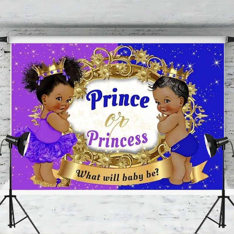 Prince or Princess Gender Reveal Backdrop Boy or Girl Baby Shower Party Decoration Blue or Purple Golden Crown Photo Background