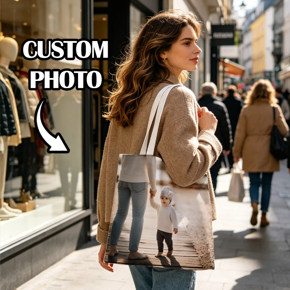 Customizable Photo Text Logo Print Tote Bag Durable Machine Washable Shoulder Bag Ideal for Travel Shopping And Work Sturdy Hand
