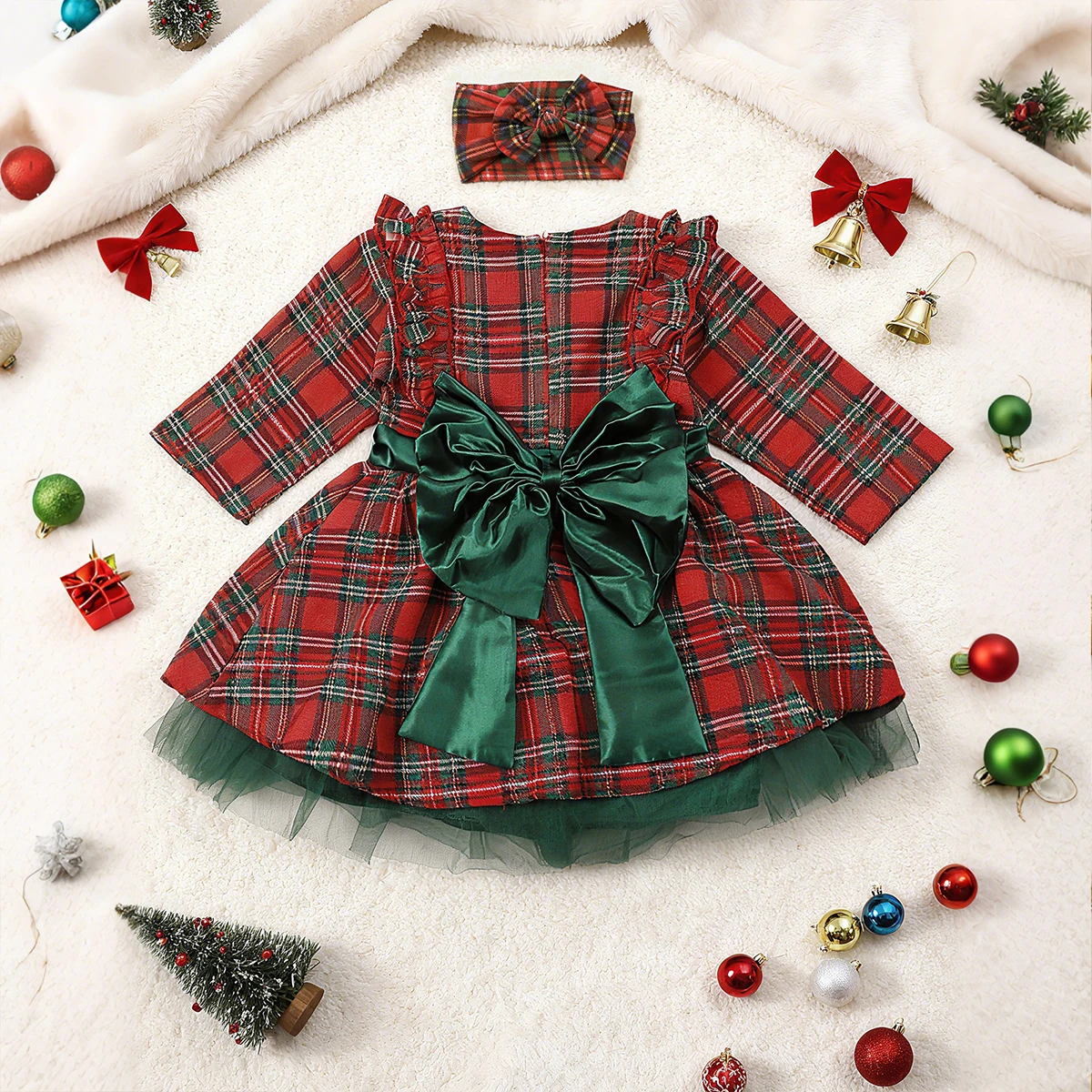 

Рождественское детское платье для девочек, костюмы принцессы для малышей, тюлевая пачка на Рождество, день рождения, клетчатое платье-пачка с длинными рукавами и бантом, с повязкой на голову