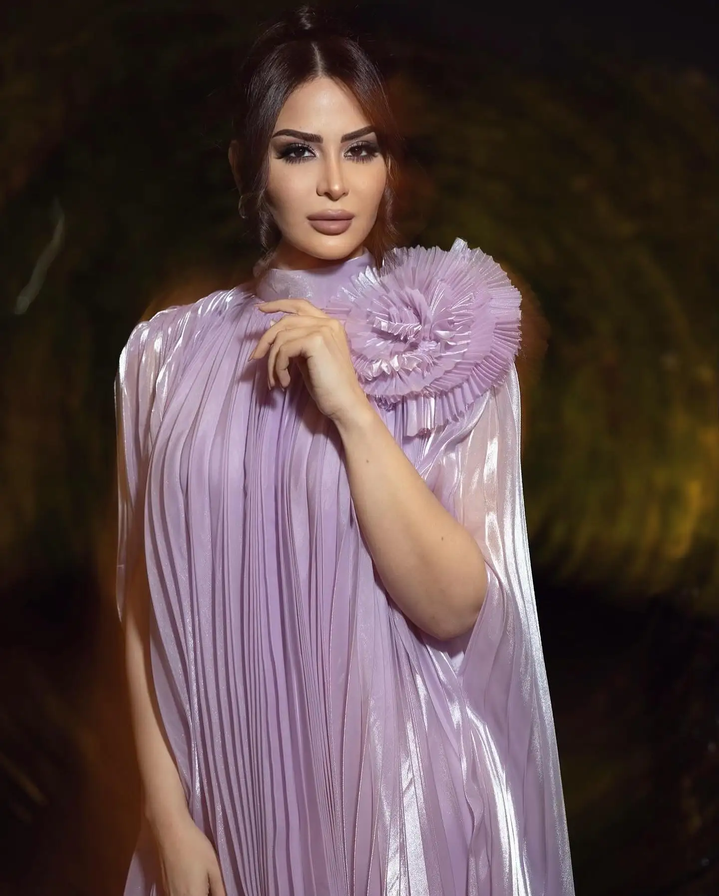 Couture Elegant Lavender Pleated Long Evening Dresses With Batwing Sleeves Handmade Flower Middle East Women Maxi Dress