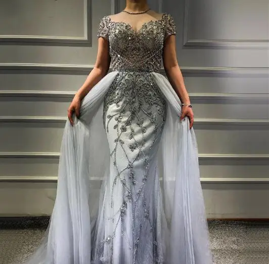 4 Different Color-Dubai Crystal Short Sleeve Evening Dresses Design 2020 Luxury Mermaid Sexy Formal Dresses