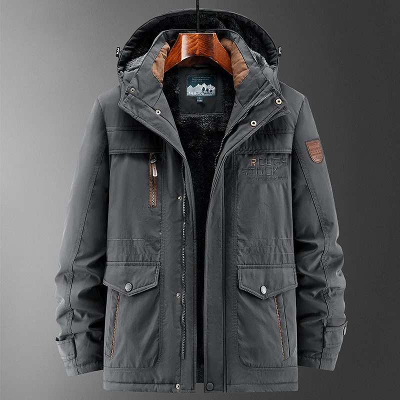 Tactical Multi Pocket Hooded Jacket Mens Winter Thick Warm Fleece Lined Windproof Waterproof Mid Length Plus Size Big Jacket