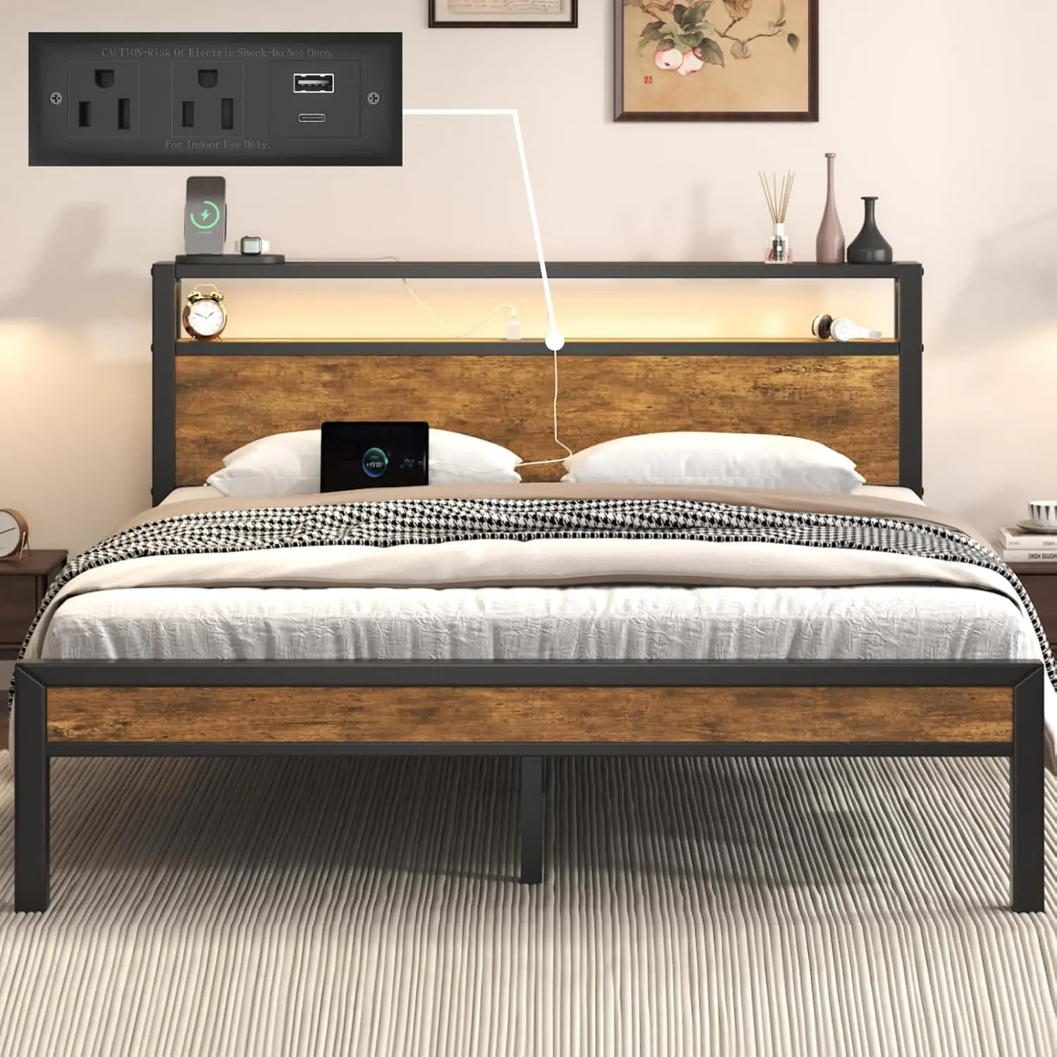 Queen Bed Frame LED & Charging Station Industrial Metal Platform Wood Headboard 2-Tier Shelves No Box Spring, Customized