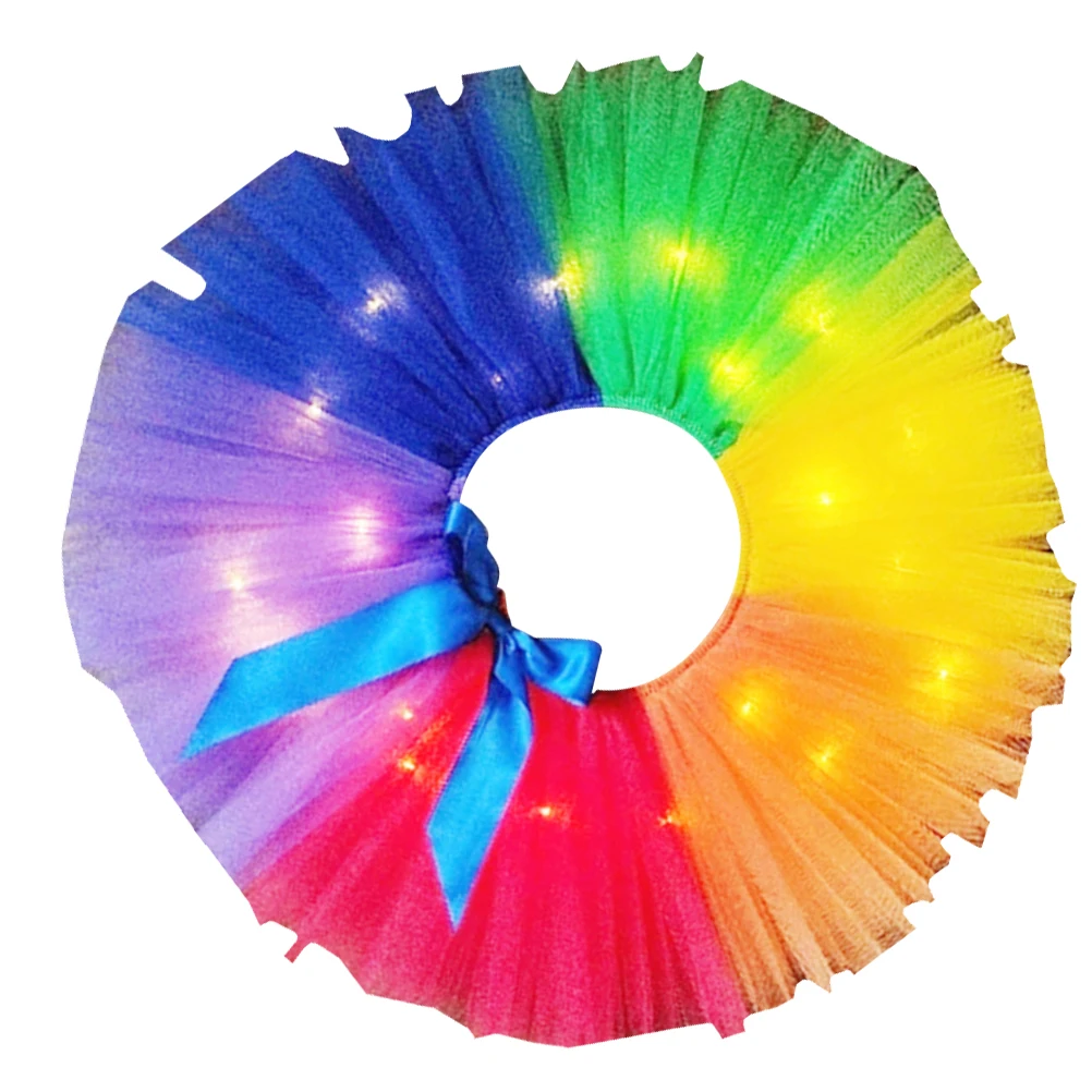 Kids Glowing Rainbow Skirt Party Gauze Skirt Beautiful Tutu Skirt Party Costume (Short Style, with 2 Light, Size , 100-110)