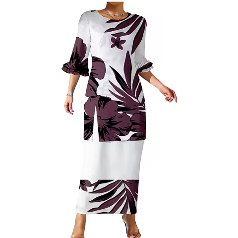 Round-Neck Fitted Puletasi 2-Piece Evening Dress Set - Polynesian Custom-Made Double-Layer Ruffled Sleeve Set Of Ladies' Dress