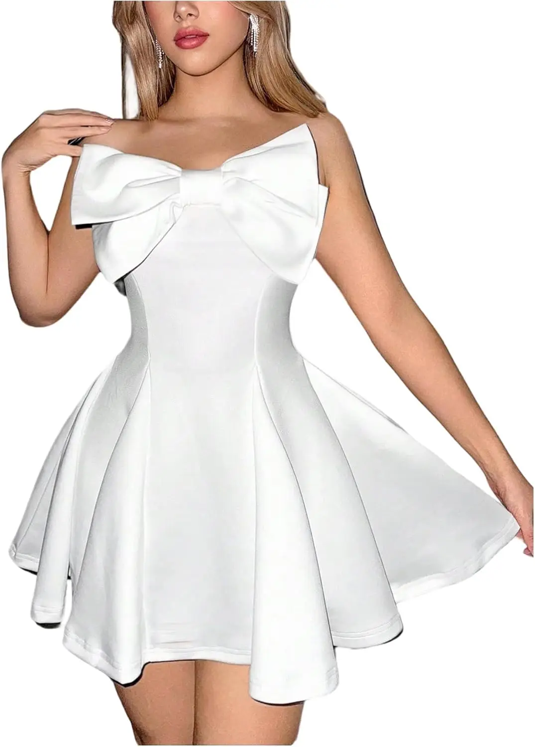 

Bow Strapless Back To School Dress Satin Short BigBow Pleated Mini Skirt A-line Evening Dress Dance Party Graduation Party Dress