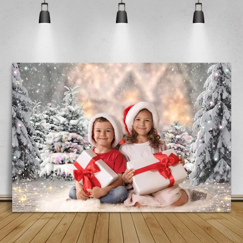 Laacco sfondi invernali per la fotografia Snow Pine Village Yard Merry Christmas Doll Child Scenic Photo background Photo Studio