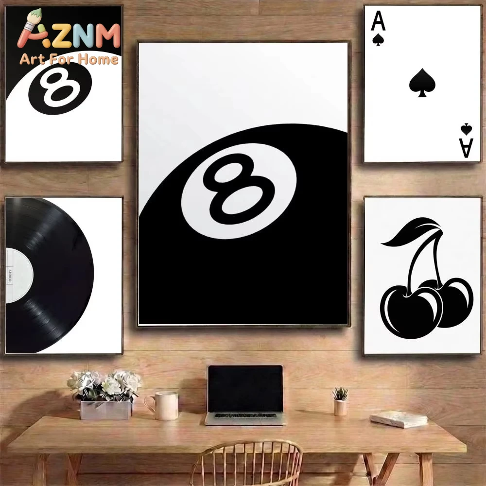 

1pc Black and white billiard record player Poster Canvas Painting Cartoon Wall Art Bedroom Home Decor