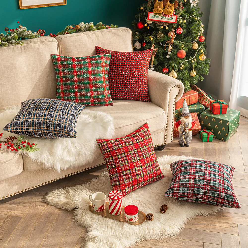 Christmas Snowflakes Pillowcase Sofa Decorative Cushion Cover 1pcs Red Green Geometric Grid Pattern Pillow Covers For Home Decor