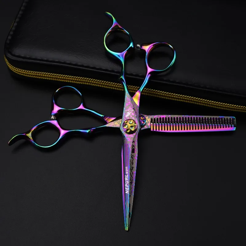 NEPURLson 6.0inch JP440C colorful damascus adjustable high screws hair scissors  for the right hand, sharp and beauty