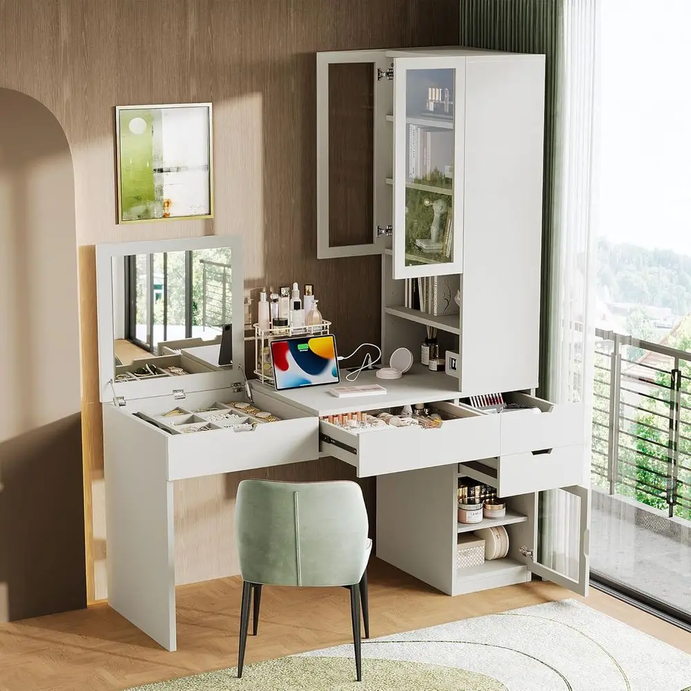 

3-in-1 Vanity Desk with Top Mirror, Bookcase, 7 Shelves, Charging Station, and Hidden Storage - Space-Saving 61 Home/Office Desk