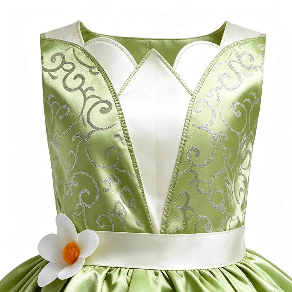 Tiana Kostüm Mädchen Grünes Prinzessinnenkleid mit Feenflügeln Krone Zauberstab für Mädchen Bühnenauftritt Halloween Cosplay – Detail 4