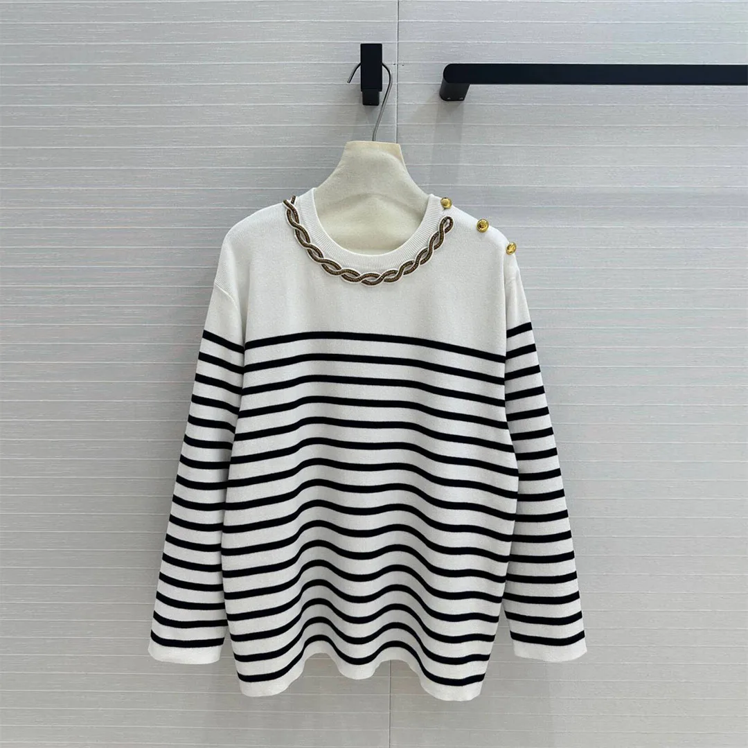 2024 New Autumn Fashion Cotton Knitted Stripes Pullover Women's Sweater Embroidery Beading Shoulder Button Loose Casual Knitwear