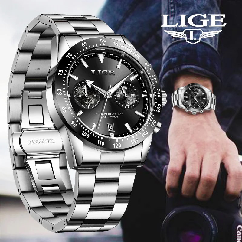 

LIGE Luxury Mens Watch Fashion Sport Calendar Social Business Quartz Watches Waterproof Chronograph Stainless Steel Man Watch