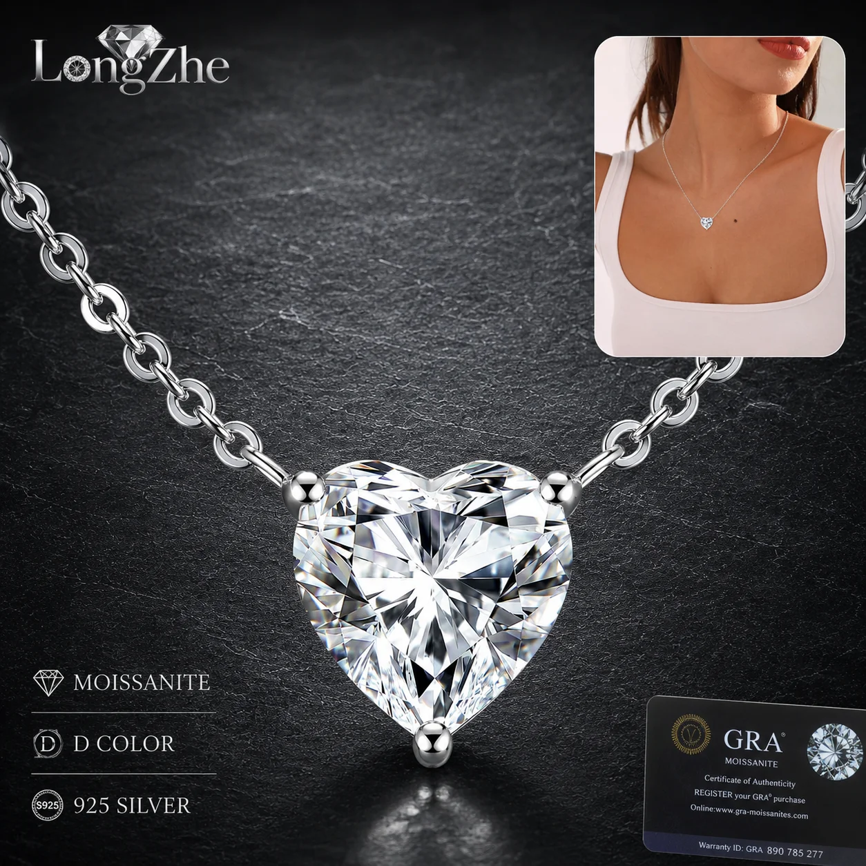LongZhe S925 Silver Moissanite Heart Necklace 0.5CT 1CT 2CT D Color GRA Certificate Diamond Tester Passed Fine Jewelry Gift