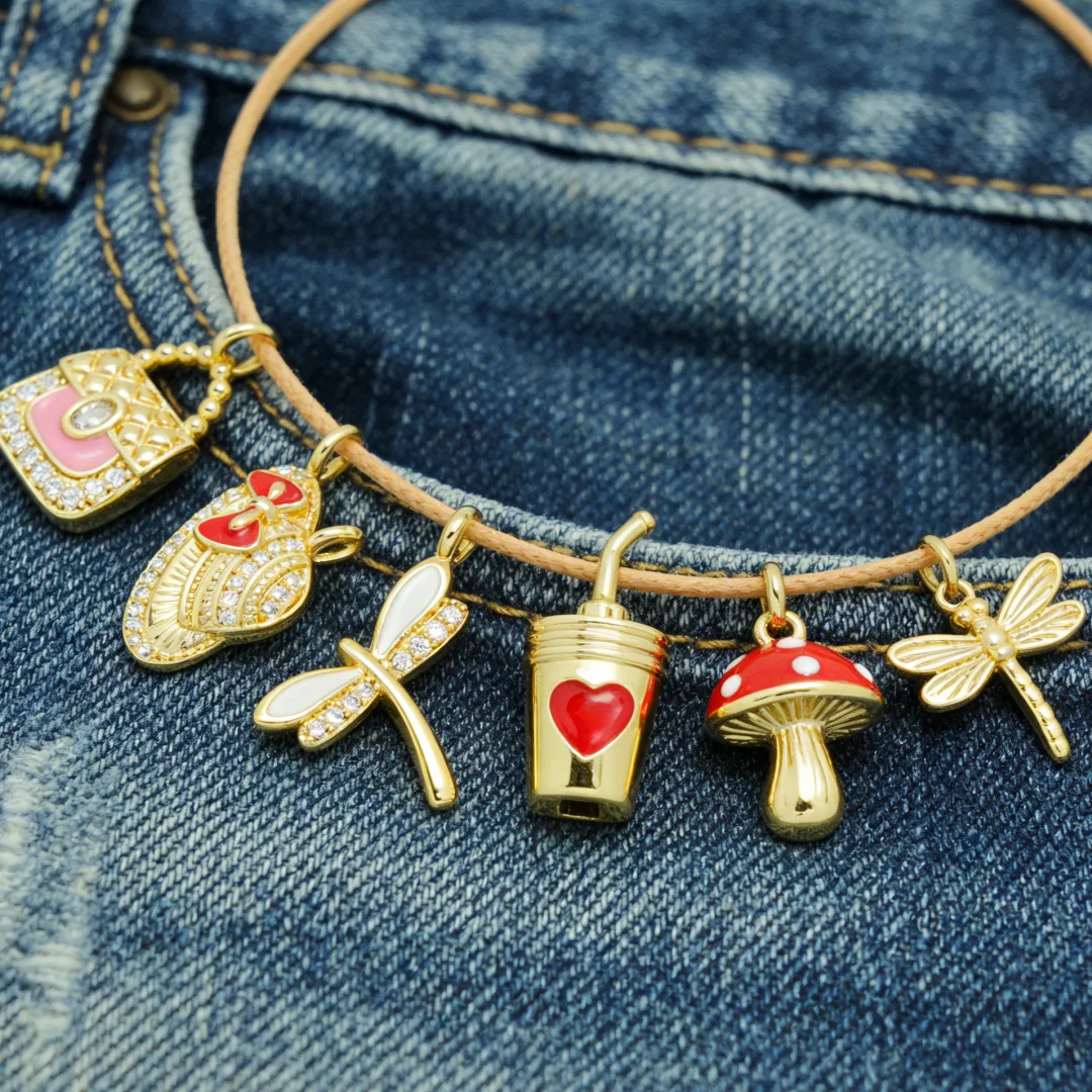 

4Pcs Pendants Brass Enamel Mushroom Dragonfly Handbag Lipstick Drink Cup Charms for DIY Jewelry Making Necklace Bracelet Parts