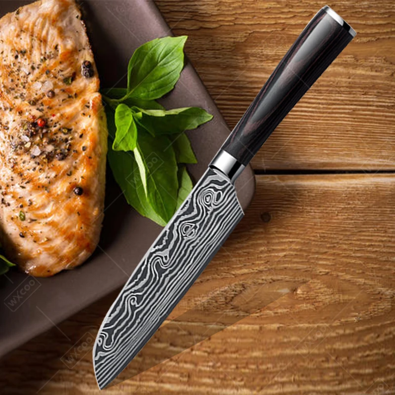 Profesjonalny nóż japoński Nóż kuchenny ze stali węglowej Santoku Peeling Japońskie noże kuchenne i akcesoria Drewniana rękojeść