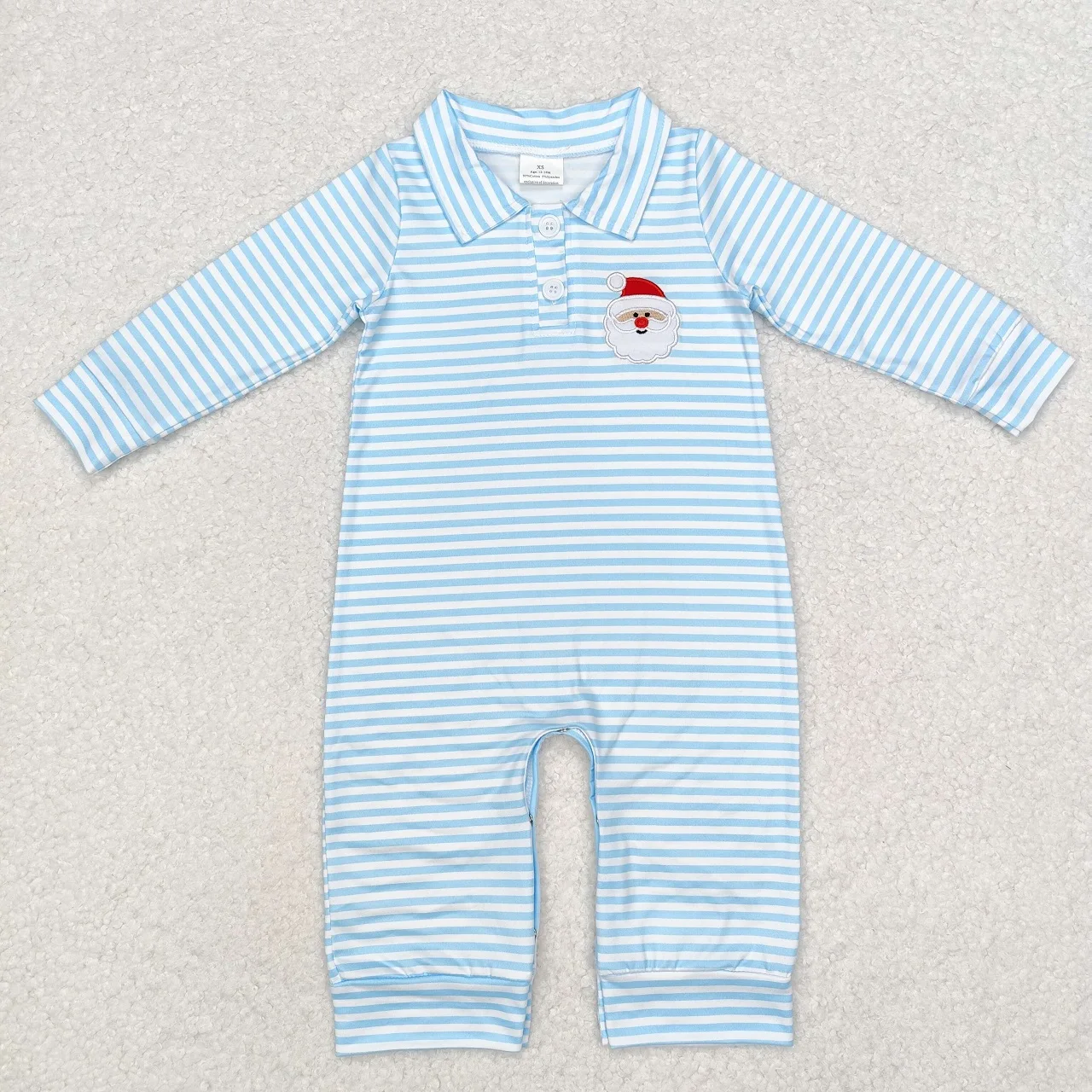 

Wholesale Baby Boy Embroidery Long Sleeves Christmas Santa Stripes Newborn Toddler Buttons Romper Kid Children Blue Jumpsuit