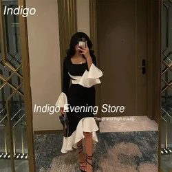 Indigo Mermaid Evening Dress 2025 Square Collar Long Sleeve High-Low Pleat Zipper Back Prom Gown Formal فساتين السهرة Customized