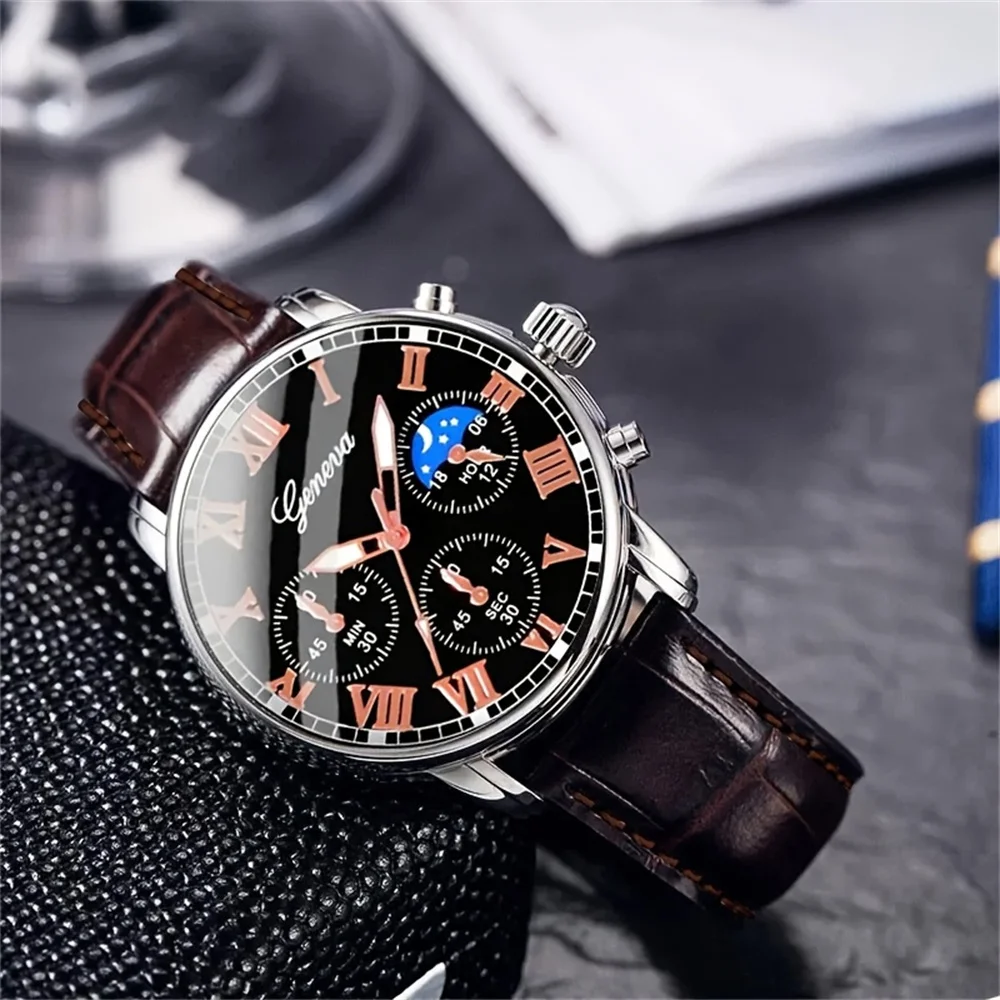 Lässige Herren-Quarzuhr, modische Business-Uhrenarmbandkombination aus PU-Leder, geeignet für den täglichen Gebrauch oder als Geschenk – Detail 2