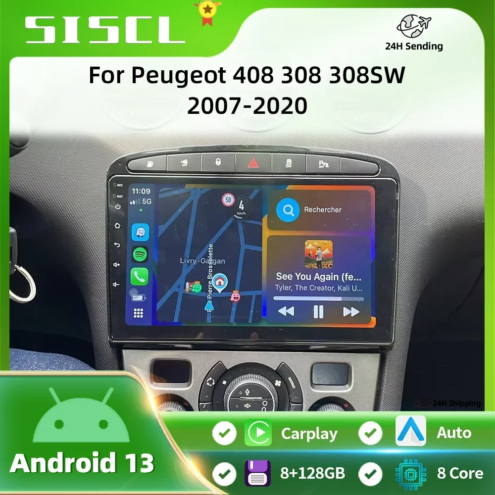 

Android 16 Carplay Auto For Peugeot 308 308SW 2007-2015 408 2012-2020 Car Radio GPS Multimedia Video Player Stereo WIFI+4G DSP