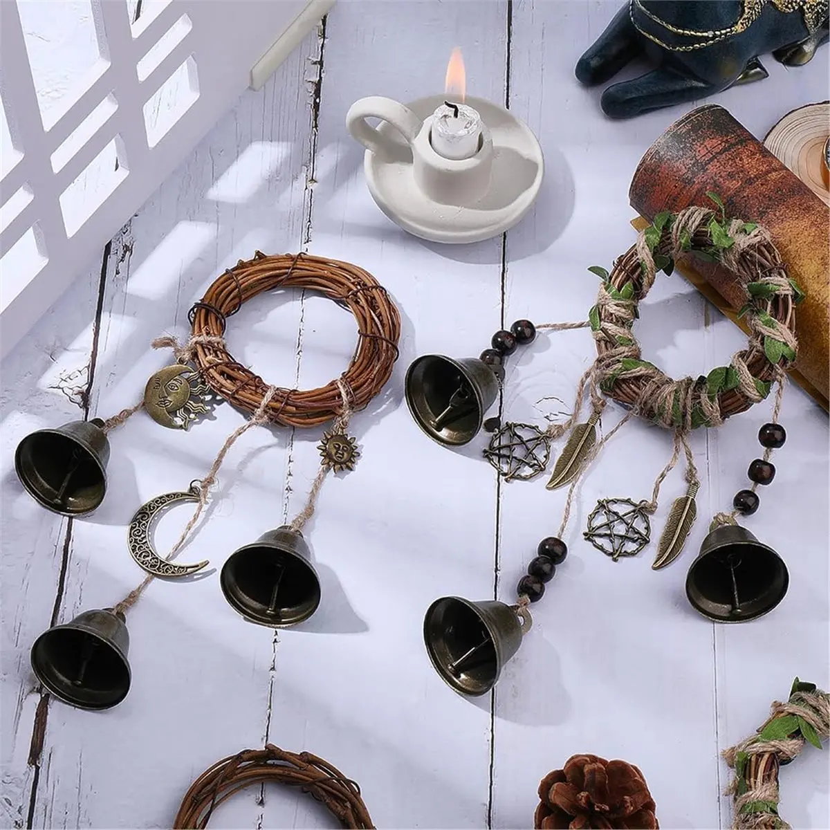 Witches Bells DIY Kit, 63Pcs Vintage Door Knob Charms Set with Moon Sun Charms for Home Protection